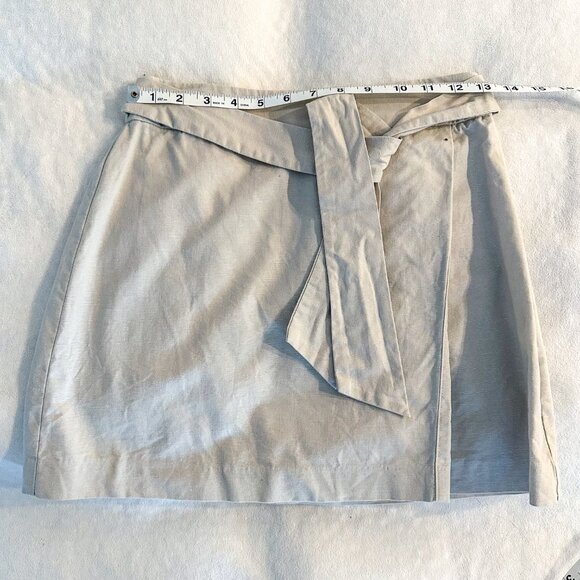 ASOS Faux Wrap Cotton Linen Tan Khaki Bow Mini Skirt - Size 4 - Picture 4 of 8